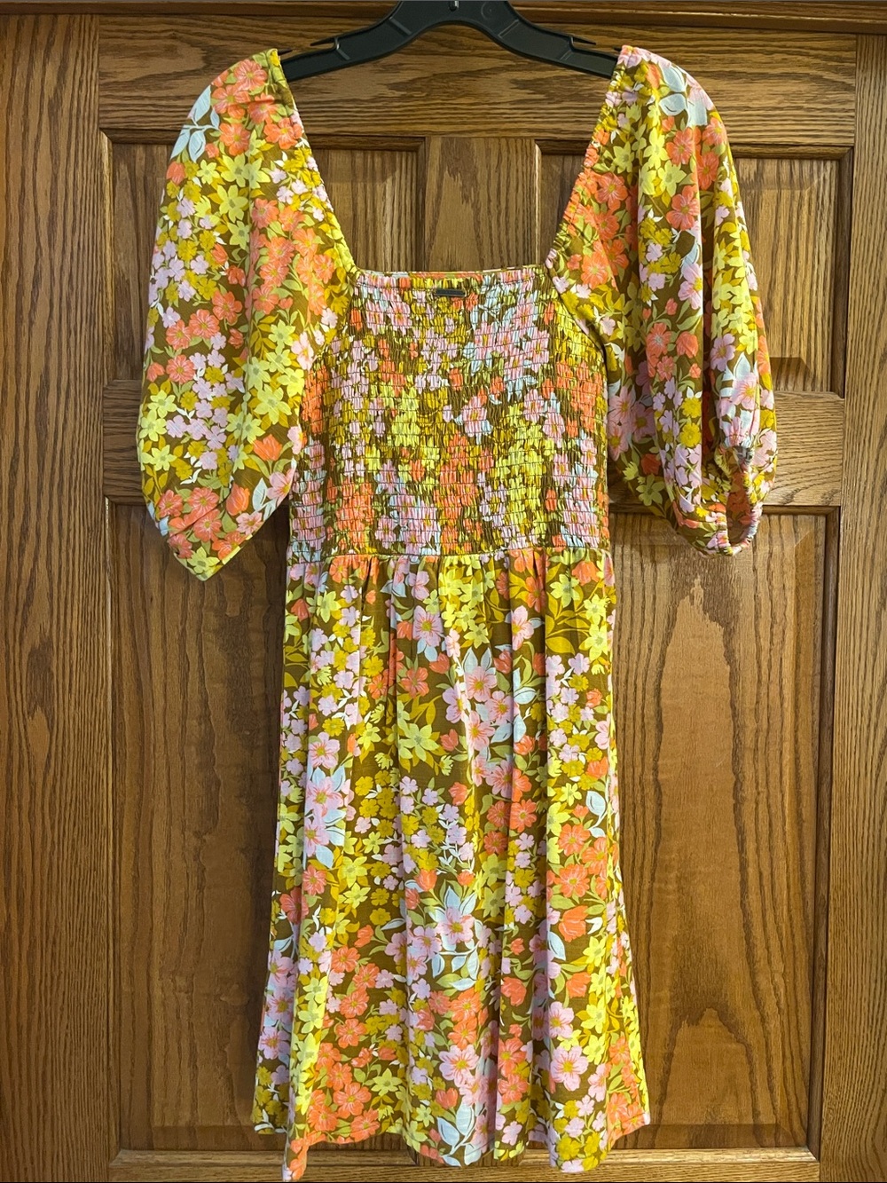 Billabong Floral Puff Sleeve Mini Dress in Yellow Pink - Picture 2 of 4